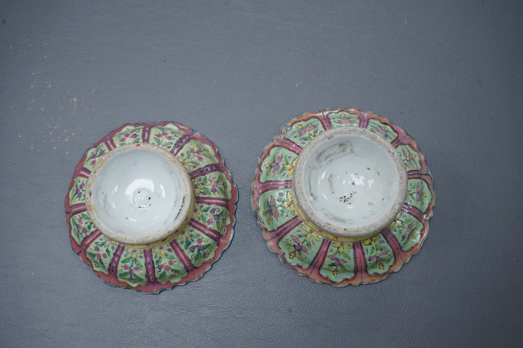 A pair of 19th century Chinese Straits enamelled porcelain stem dishes, top 11cm diameter